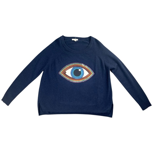 Minnie Rose 100% Cashmere Dark Blue Sweater with Evil Eye Gemstone Design Size M - Picture 2 of 11